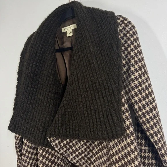 Vintage Stetson Brown Houndstooth Wool Blend Knit Collar Belted Coat Size S - Picture 11 of 14
